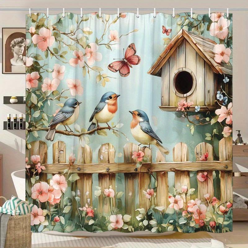 Charming Garden with Birds and Birdhouse Shower Curtain - Water-Resistant Fabric for Bathroom - Perfect