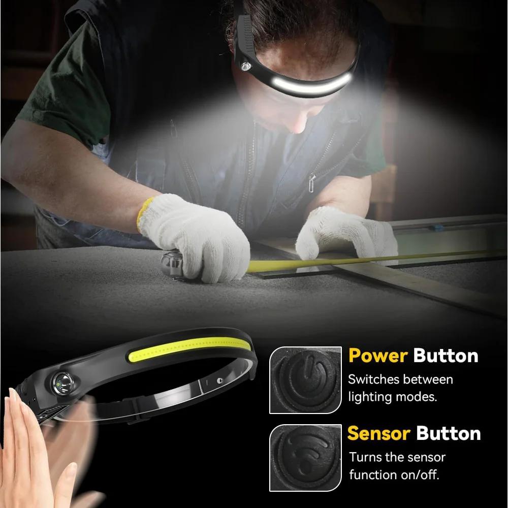 LED Sensor Headlamp Built-in Battery USB Rechargeable COB Head Flashlight Headlight LED Head Torch Camping Fishing Search Light