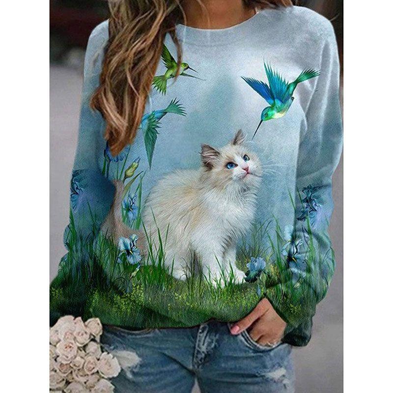 

Женский модный 3D топ с кошкой Новая футболка Sky Blue M