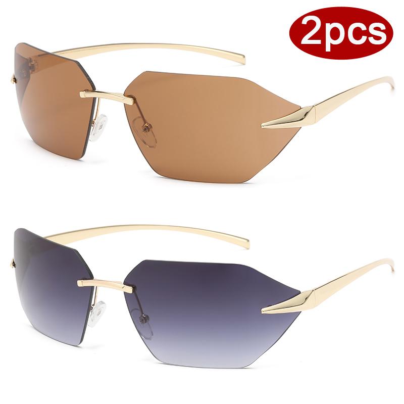 Protective Glasses 2pcs Frameless Metal Frame Sunglasses Steampunk Fashion Simple Style Sun Glasses Vacation Beach UV400 Eyewear
