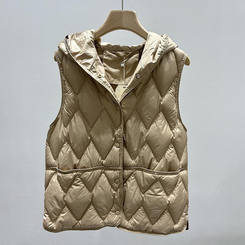 Autumn and winter new hooded short fashion down jacket women's V-shaped pressed line vest white duck down to keep warm in winter