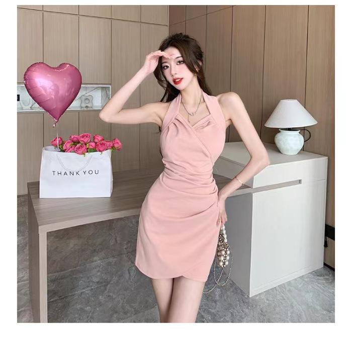 

Hong Kong style sexy neck-wrapped hip skirt summer pure desire spice girl halter pleated short skirt design dress S розовый