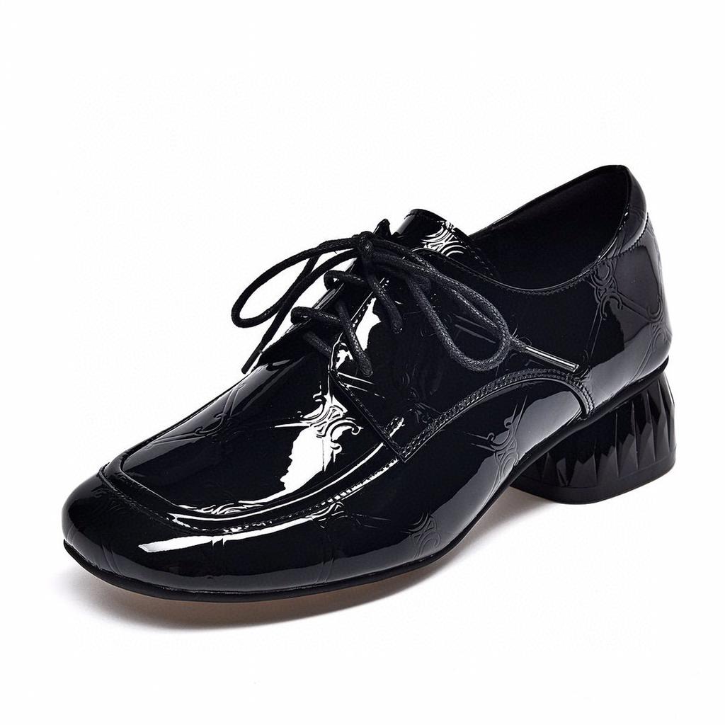 Women's single shoes round head lace-up flats spring new embossed cow patent leather low-heeled low-top shoes women's casual shoes