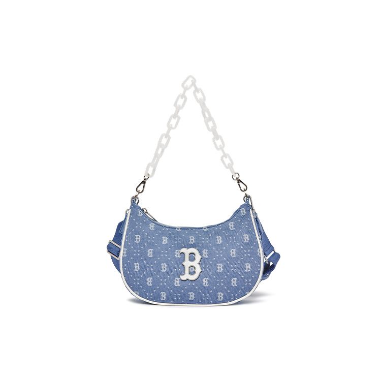 MLB SS23 Vintage Floral Denim Acrylic Chain Boston Red Sox Faux Leather Hobo Shoulder Crossbody Bag Women bags Light-Blue 3ABQS023N-43SBL Denim Light Blue