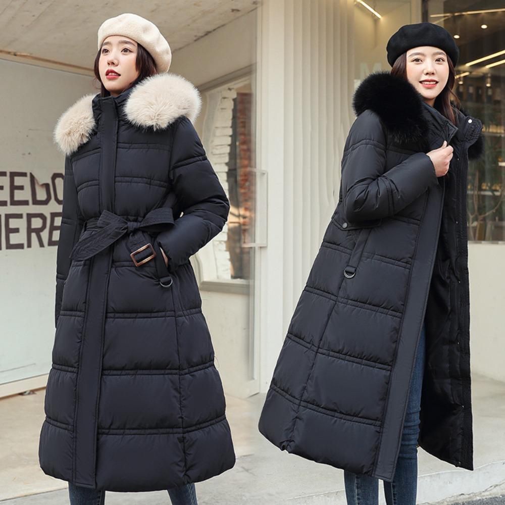 Winter new down cotton clothes women's long over-knee big fur collar Korean version slim and thin belt coat cotton