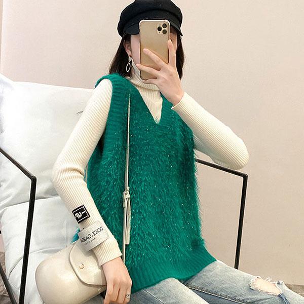 Spring and Autumn Loose Sleeveless Sweater Solid Color Knitted Vest Women's V-neck Bright Silk Fleece Top