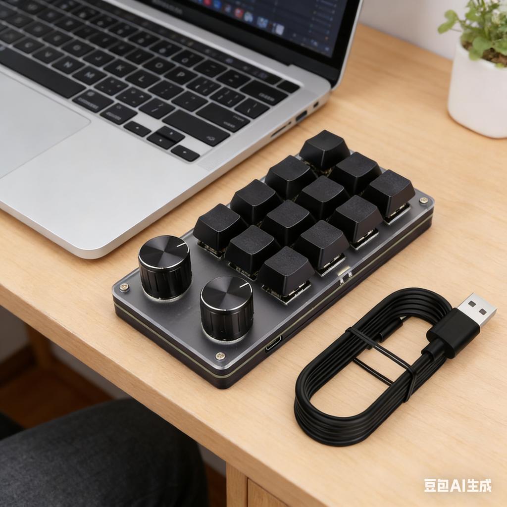 12 Key 2 Knob Programming Macro Knob Keyboard Bluetooth/Wired One Handed Mechanical Game Keypad Hotswap Red Switch for Designers