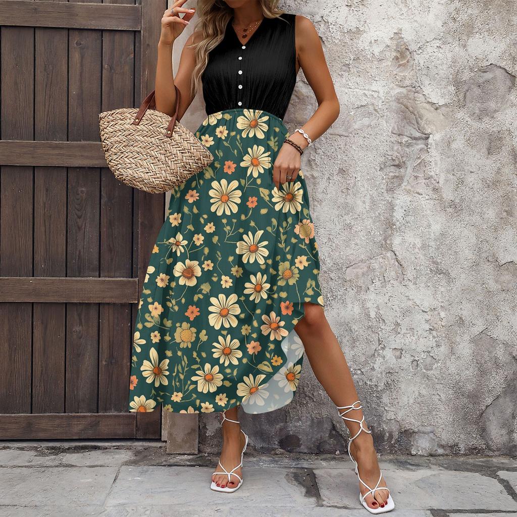 Women Summer Dresses Bohemian Women's Casual And Fashionable V-neck Sleeveless Printing Mid Length Dress