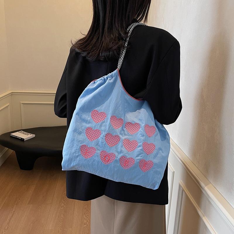 2025 New Bag Women's Shoulder Bag Love Embroidered Shopping Bag Nylon Cloth Portable Niche Shopping Bag Cloth Bag