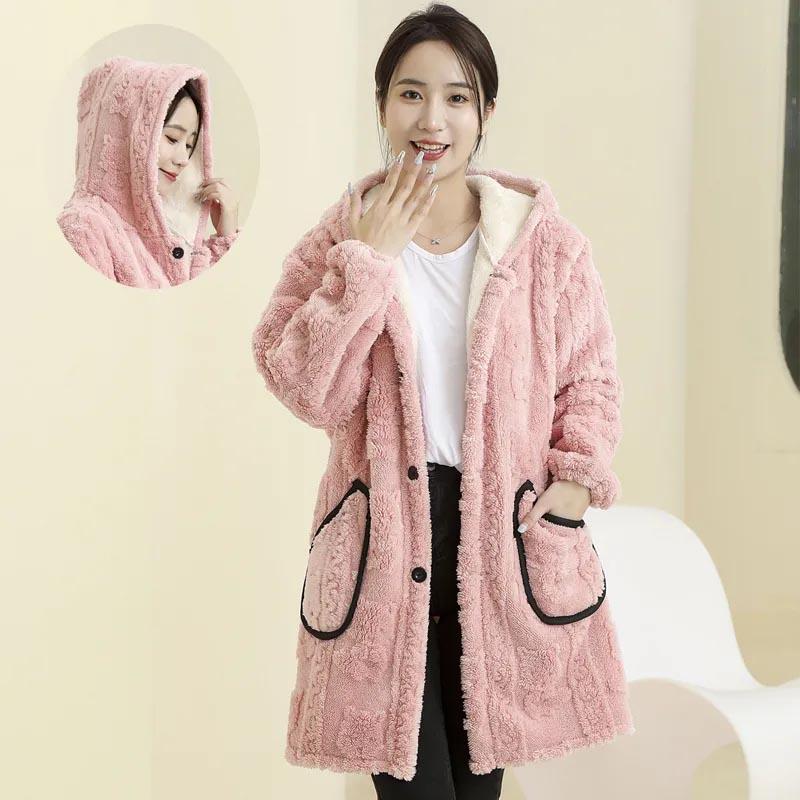 Coat Plush for Women Fleece Thickened Winter Double Layer Windbreaker Oversize Casual Hooded Jacket