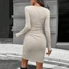 Women's Fashion Long Sleeve Wrap Pleated Knitted Sweater Dress With Round Neck