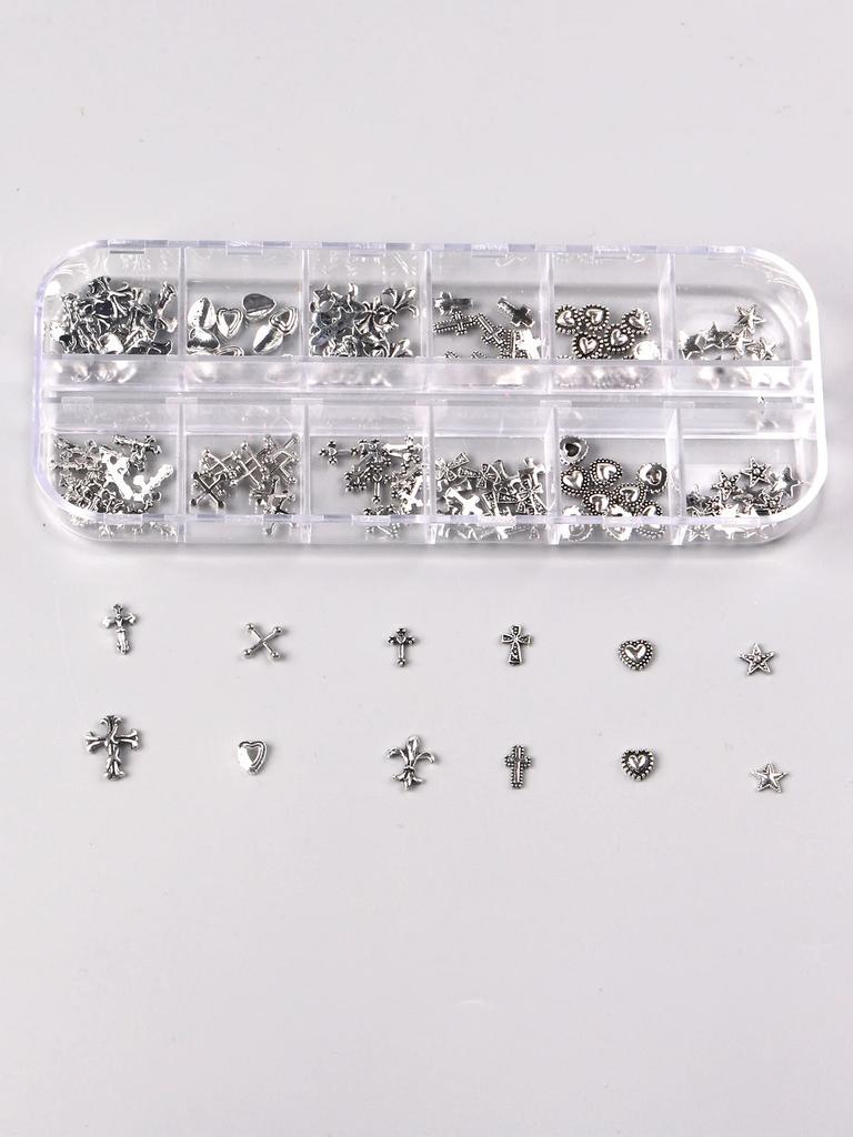 12 Grids Mixed 3D Punk Silver Heart Cross Metal Manicure Nail Decoration Retro Different Design Cross Nails Art Charms
