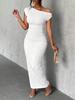 Off Shoulder Bodycon Knit Midi Dress with Slit, Women's Long Sleeve Slim Fit Ribbed Dress