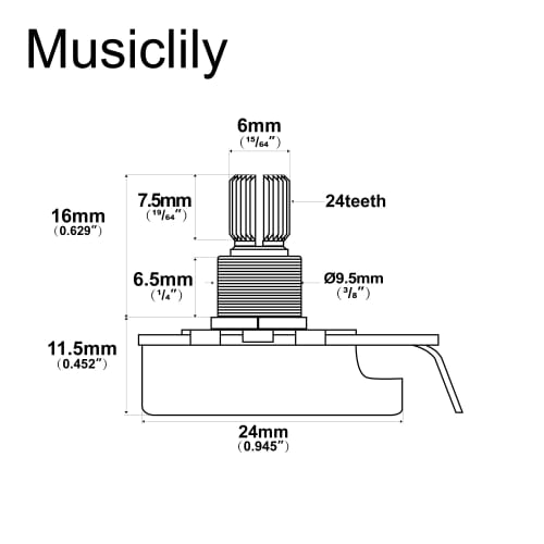 Musiclily Pro HD A250K Brass Guitar Pots, 24-Spline, Fine, Split Shaft, 250k, A-Curve (3 Pieces)