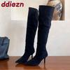 Mode Mode Spitzschuh Damen Moderne Stiefel mit dünnen Absätzen Schuhe Flock Damen Kniehohe Stiefel Slipper Damenschuhe