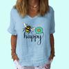Women Fashion V Neck Short Sleeve Top Summer Casual Cotton Linen Shirt Ladies Print T-shirt