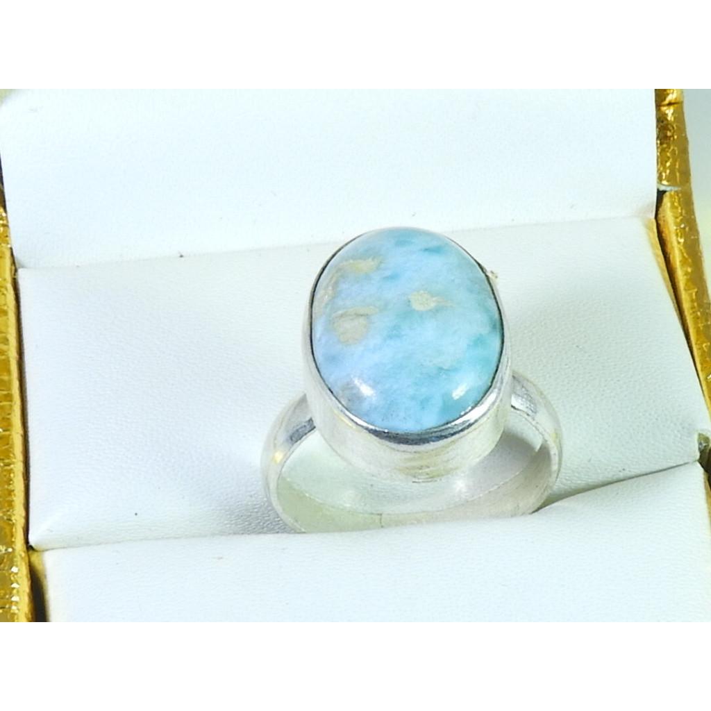 Natural Blue Larimar Solid 925 Sterling Silver Handmade Oval Ring Size US-08 MK-07