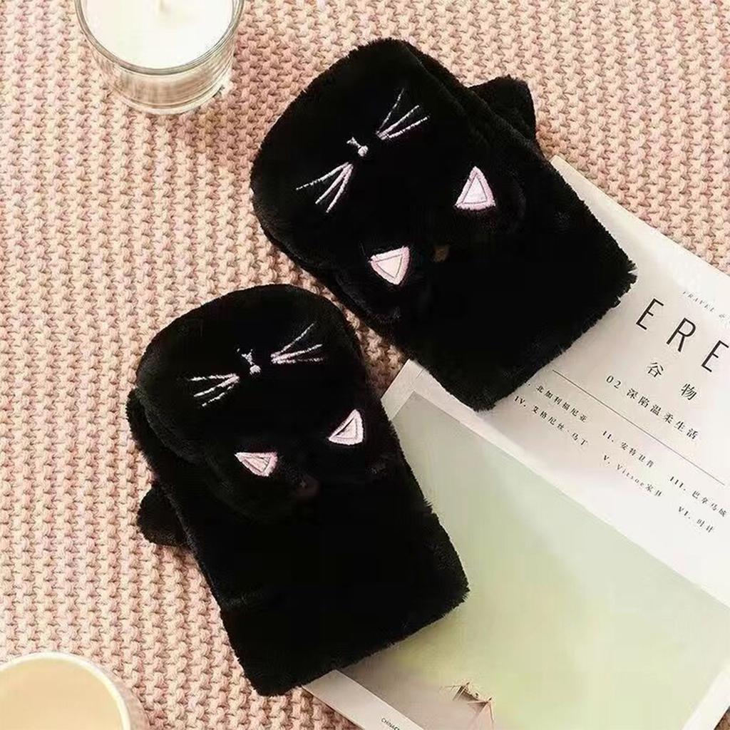 Cute Cat Plush Gloves for Women Korean Style Winter Fingerless Flip-up Style Outdoor Cycling Thickened Windproof Warm Accessory