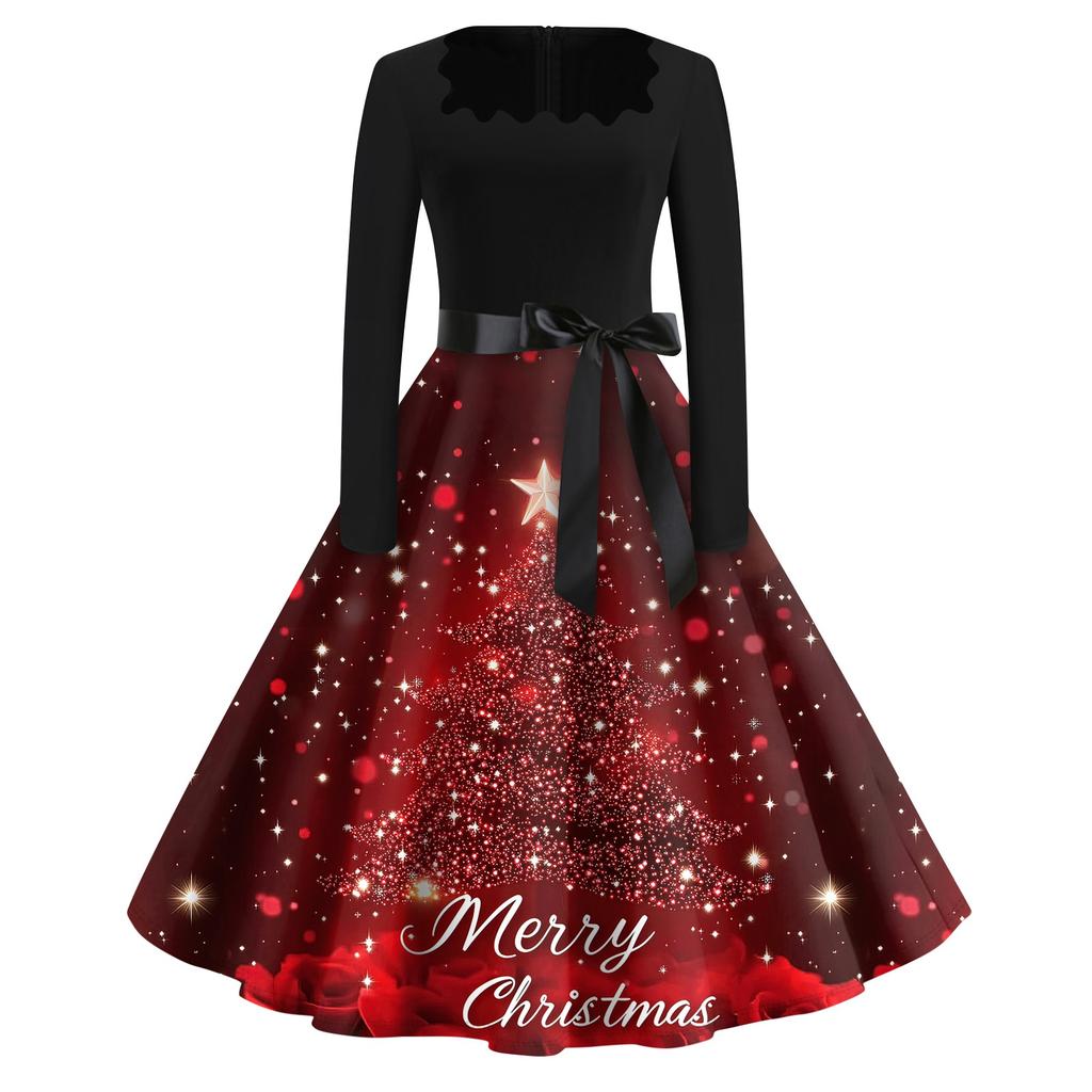 Christmas Print Flare Dress For Women Long Sleeve Dress Hollow Party Casual Square Collar Dresses