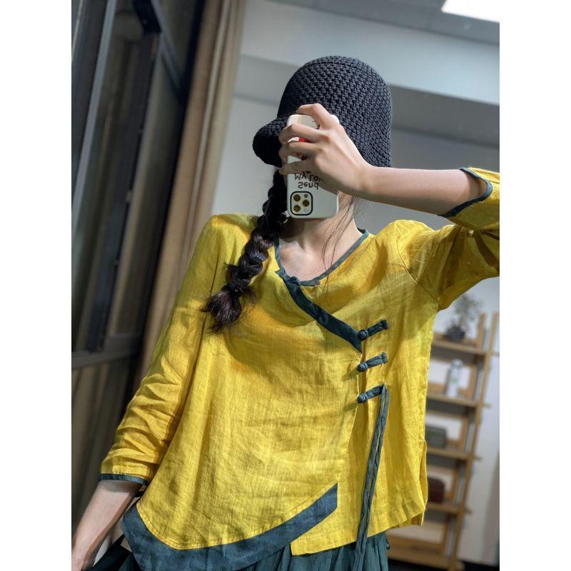 

Women s Summer Retro Color Block Hanfu Shirt with Frog Button M жёлтый