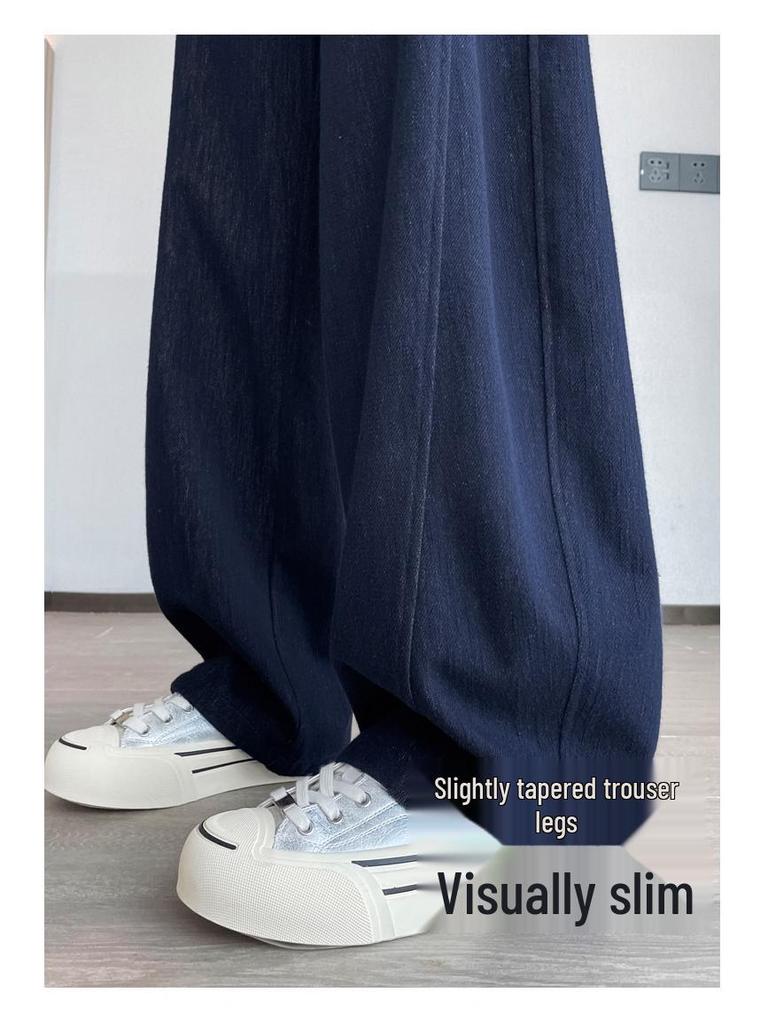 Women's Blue High-Waisted Slim-Fit Wide-Leg Pants - Pear-Shaped, Slimming, Loose Casual Trousers for Autumn 2025.
