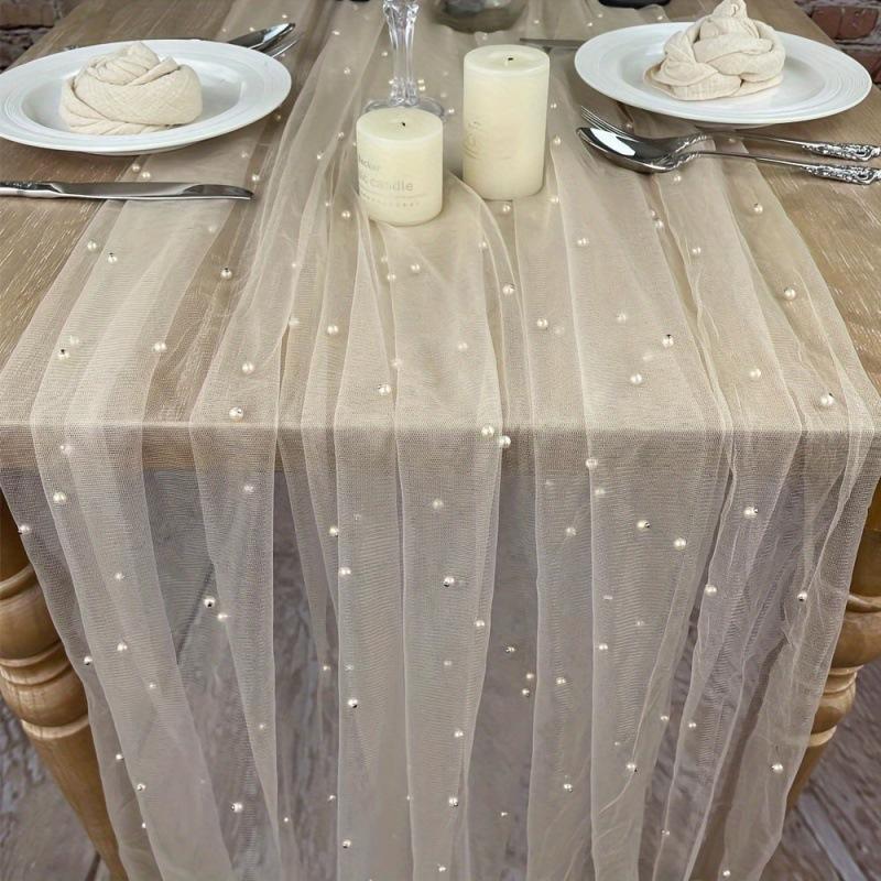 Wedding Pearl Chiffon Decorative Tablecloth Solid Color Mesh Dessert Tablecloth Lace Bridal For Wedding Birthday Party Supplies