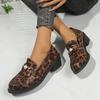 Spring New Leopard Printed Women Loafers Fashion Pearl Decor Thick Heel Ladies Shoes Pu Leather Big Size Office Shoes
