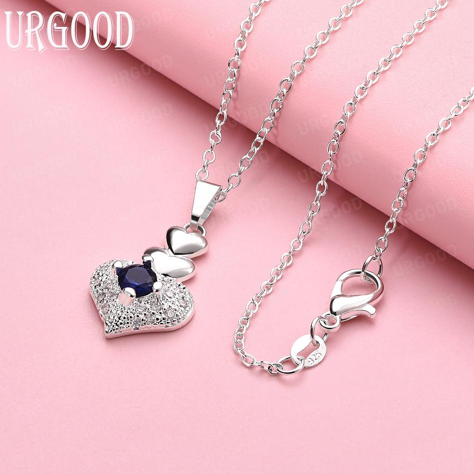 

925 Sterling Silver Heart AAA Zircon Pendant Necklace Wedding Fashion Jewelry 45cm