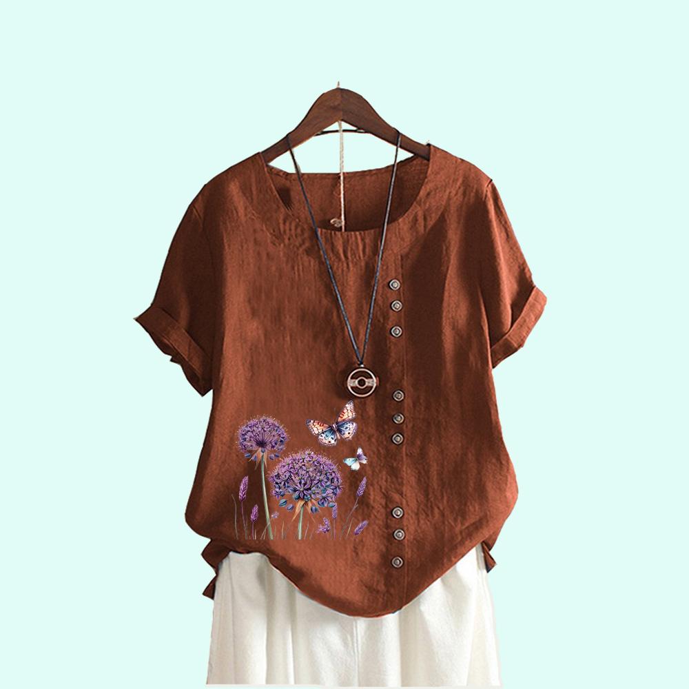 Women Summer Short Sleeve T-shirt Beautiful Flowers Print Casual Round Neck Blouses Plus Size Clothes