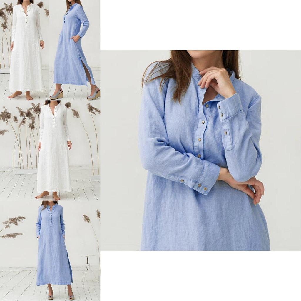 Luxusní dámský kaftan Bavlna Dlouhý rukáv Jednobarevný Ležérní Oversized Maxi košilové šaty