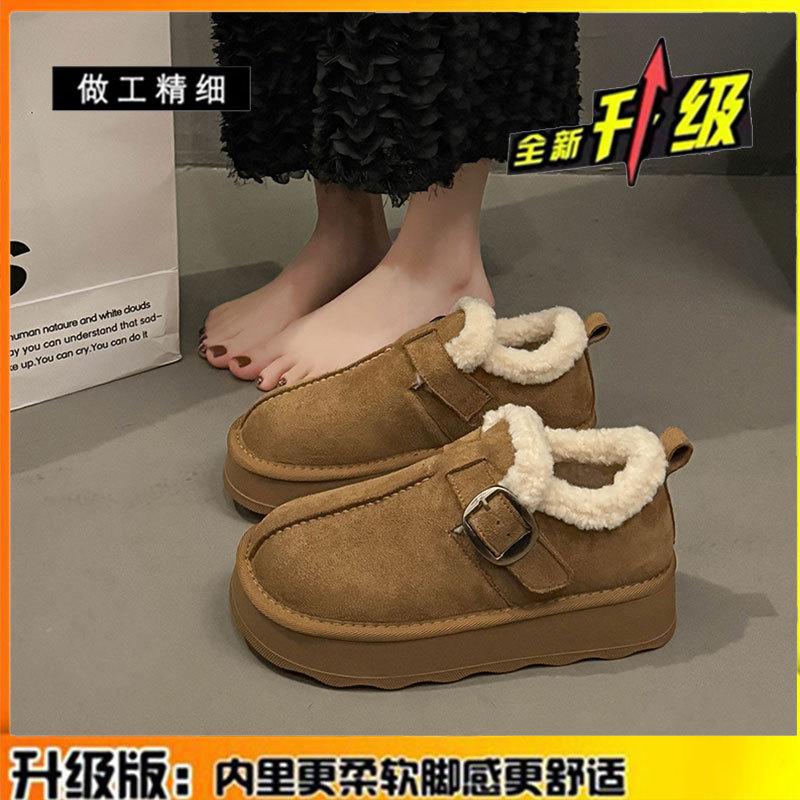Leather thick-soled all-inclusive velvet thermal women's shoes, winter new one-pedal snow boots, bread wool cotton shoes