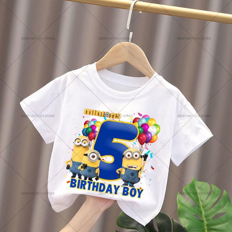 Minionses Cotton T-Shirt Anime Cartoon Print Tops Summer Kawaii Fashion Casual Short Sleeve Number 1-9 Birthday Clothes Gifts
