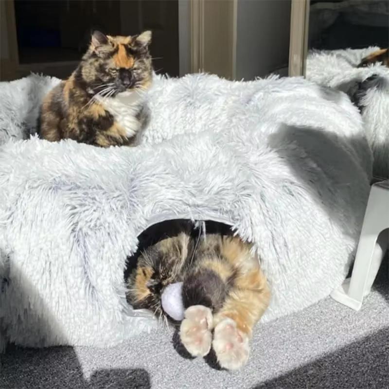 Best-selling Plush Cat Bed with Tunnel Design Creative Pet Beds Winter Warmth Foldable Puppy Supplies Essential for Pet Owners