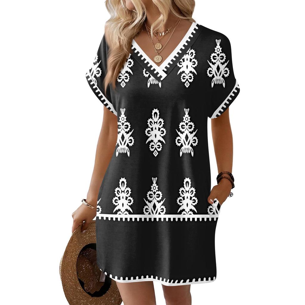 Women's Fashionable Floral Print V-neck Short Sleeved Pocket Casual Pullover Dress