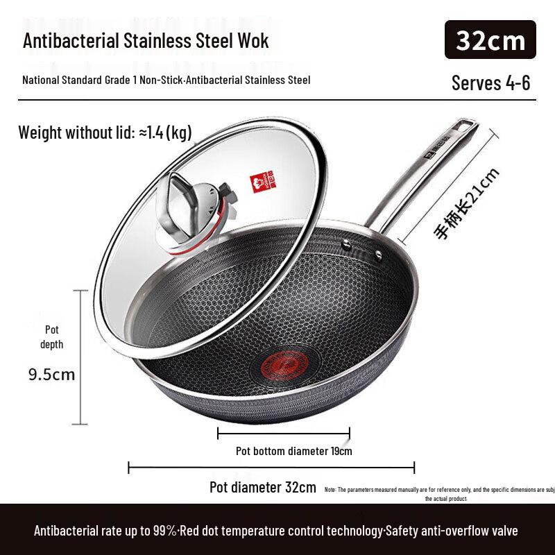 Kangbakh 32cm Stainless Steel Non-stick Wok with Honeycomb Design