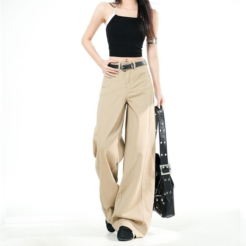 Spring Summer Stylish Cargo Design Milk Tea Tone Relaxed Wide Leg Fashion Denim Pants For Ladies Casual Pants Oversize Denim Trousers