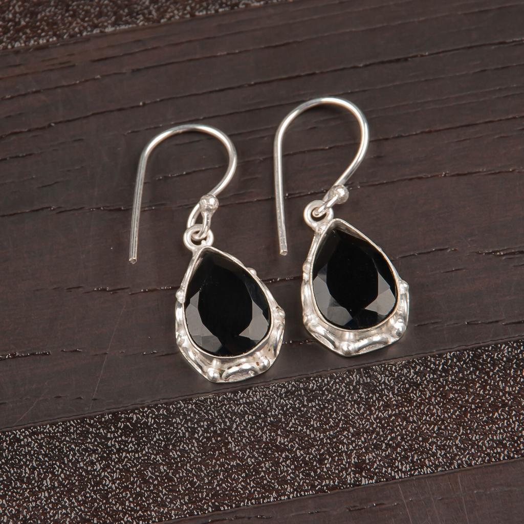 Natural Black Onyx Gemstone 925 Sterling Silver Jewelry Handmade Earrings 1.30" EE-3-13