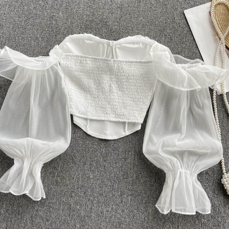 Damen Pendler Temperament Puffärmel Tailliert Weiß Einfarbig Ein Schulter Bluse Hemd