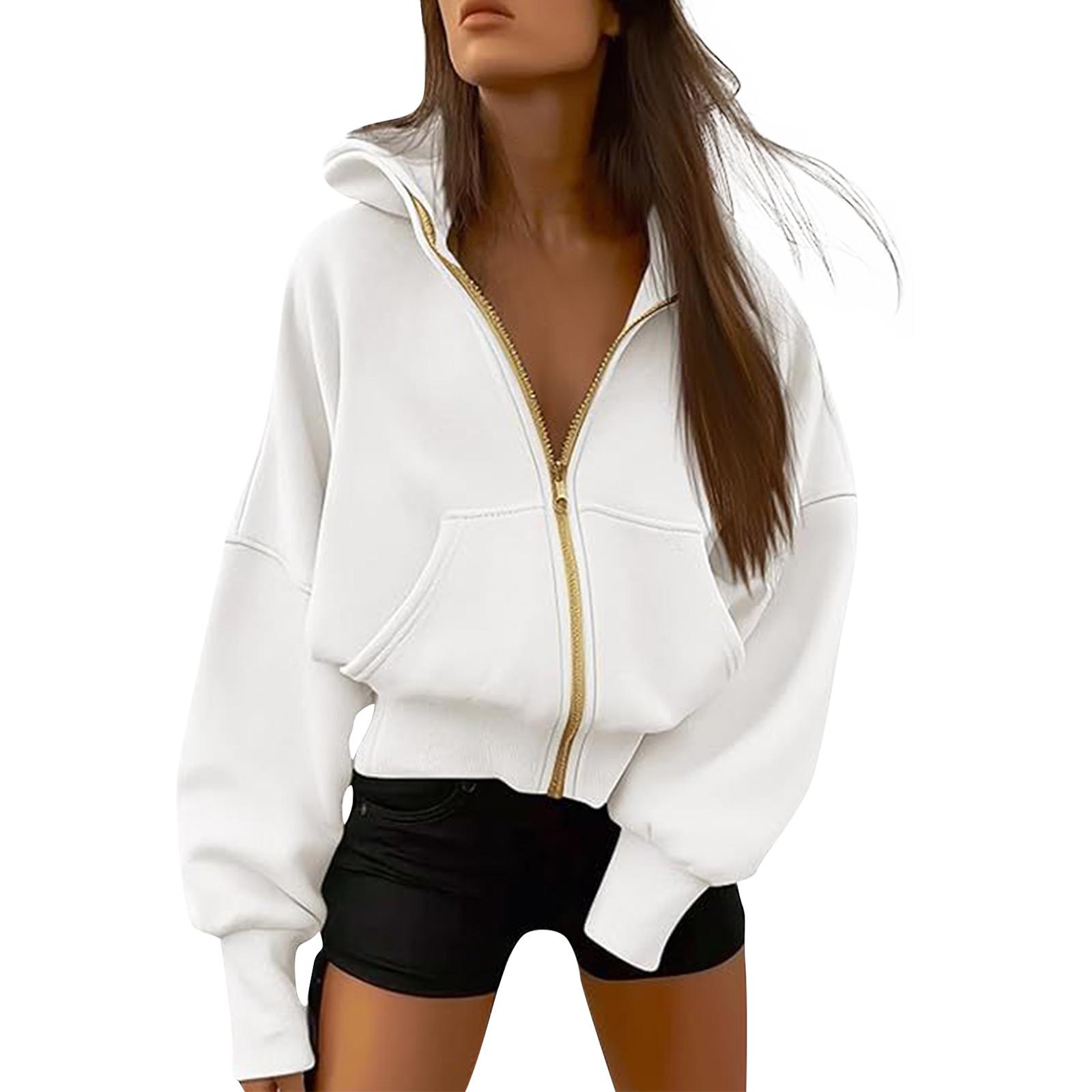 

Женские толстовки с капюшоном на молнии с длинным рукавом, осенние свободные толстовки, куртки с карманами, модная одежда, толстовки с капюшоном для женщин S белый