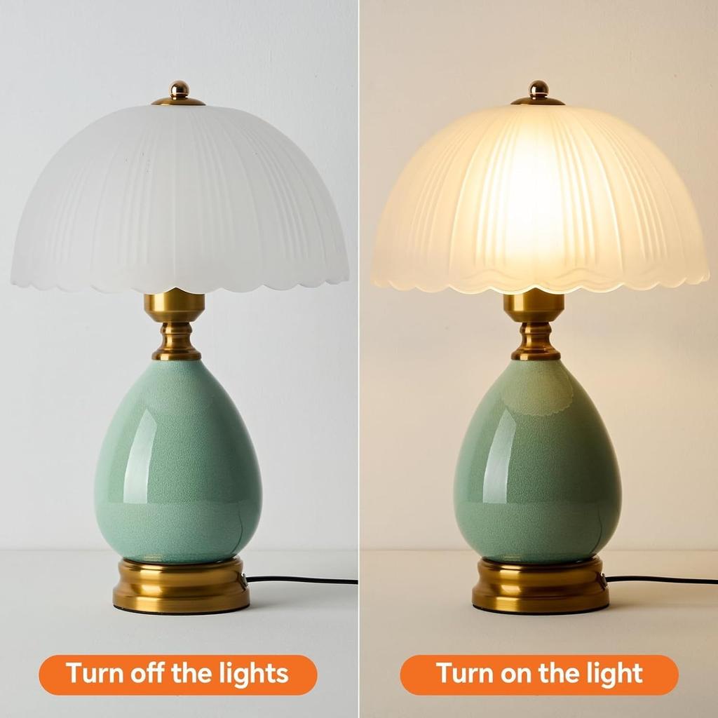 Vintage Keramik-Tischlampe mit plissiertem Glasschirm, Türkis & Gold Akzentlampe für Schlafzimmer, Wohnzimmer & Büro (Türkis-01)