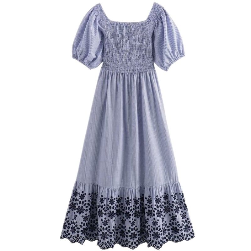 

Fashion Style 2024 Summer New Arrival Women s Clothing All-Matching Hollow Embroider Stripes Dress 3471995 044 Blue L