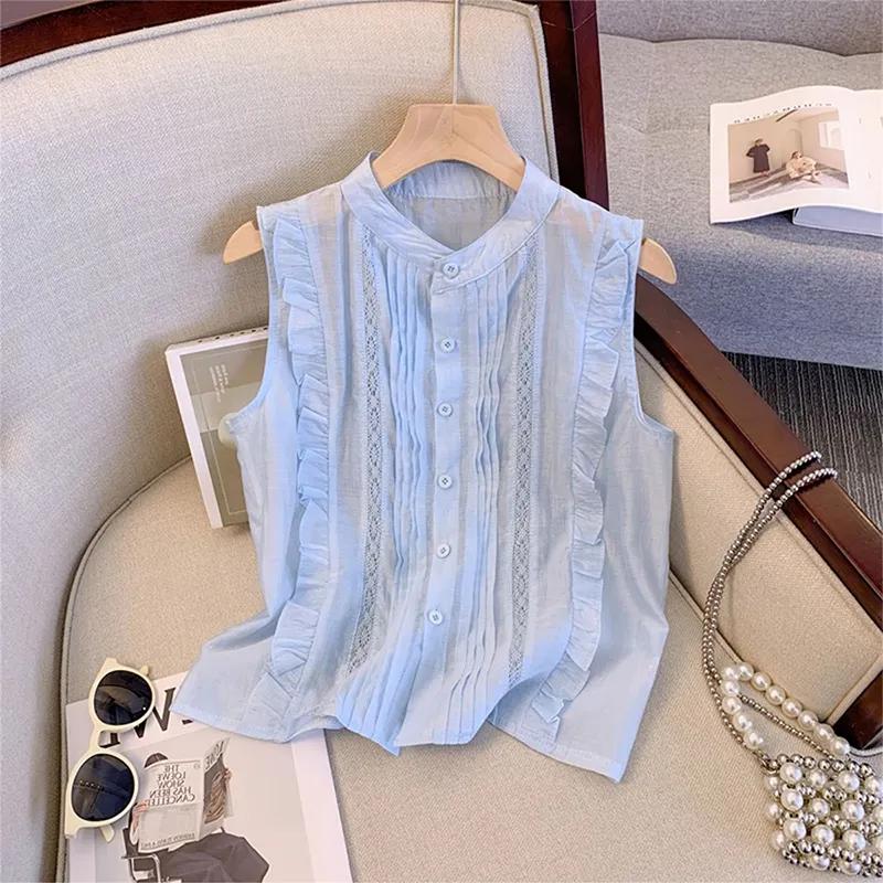 Women's White Sleeveless Blouse Ruffle Trim Lace Panel Button Front Loose Fit Casual Top