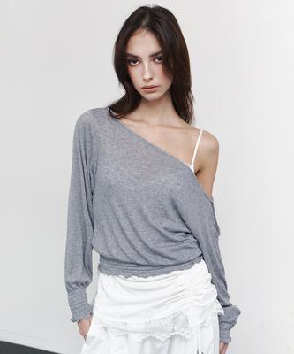 Peullijeunopallou Ian Unbal Smocked Long Sleeve Top (Melange Gray)