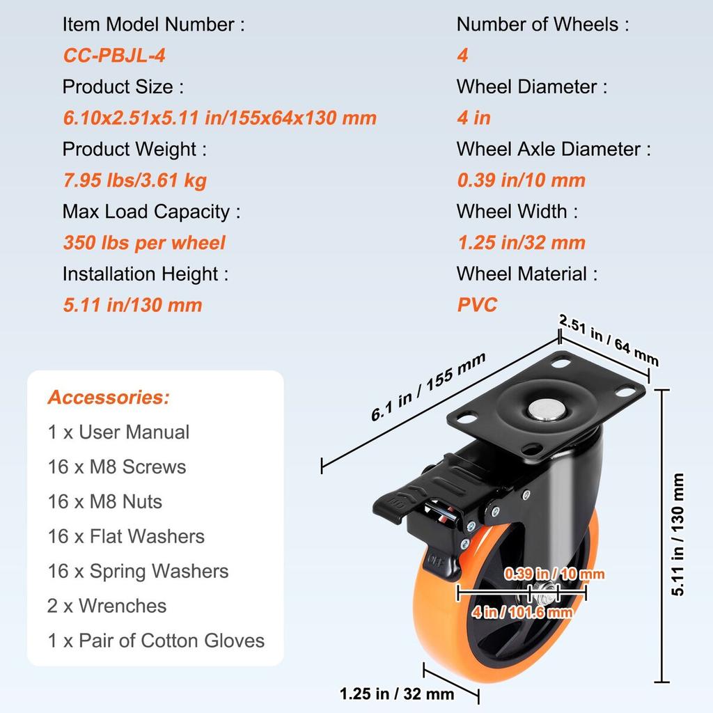 Caster Wheels, 4-inch Swivel Plate Casters, Set of 4, with Security A/B Locking No Noise PVC Wheels, Heavy Duty 350 lbs Load Capacity Per Caster,