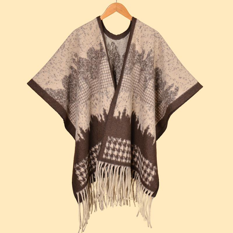 Ink painting Double-sided thickened shawl with women's autumn and winter retro high-end warm cape, scarf, large cape