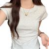 Solid Color Positive Shoulder Short-sleeved T-shirt Summer Slim Thin Arc Hem High Waist Short Tops