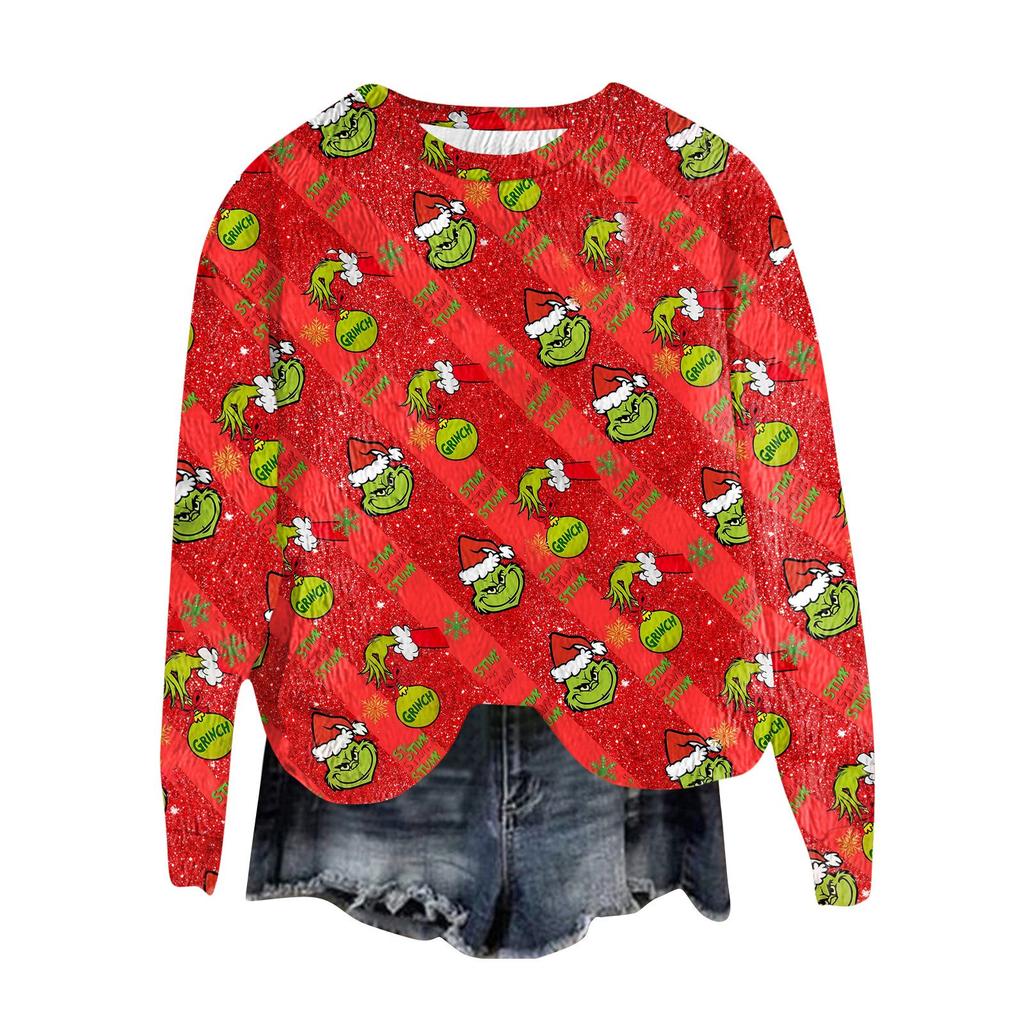 Women's Fashion Round Neck Pullover Top Long Sleeve Tee Christmas Printed Sweatshirt