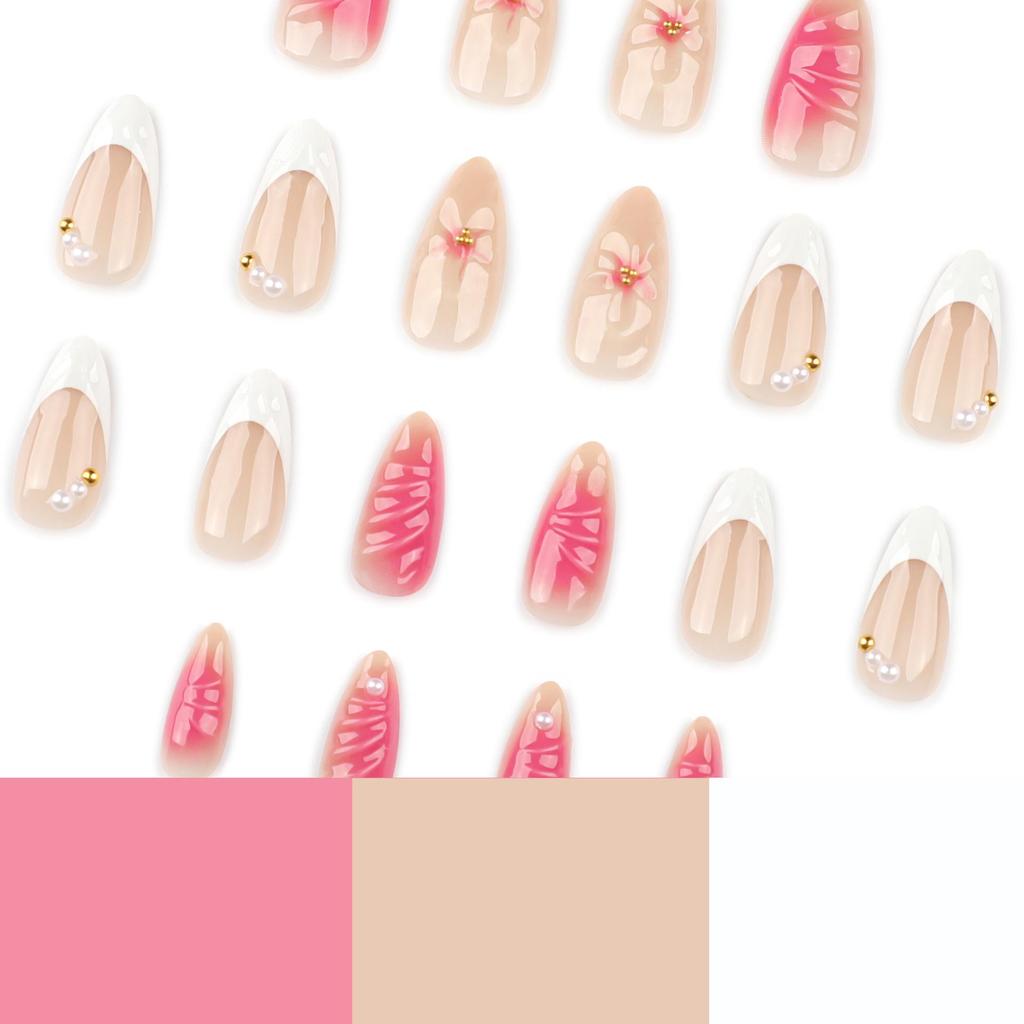 3D French Blossom Short Almond Wearable Nail Art – Elegant European and American Fake Nails
