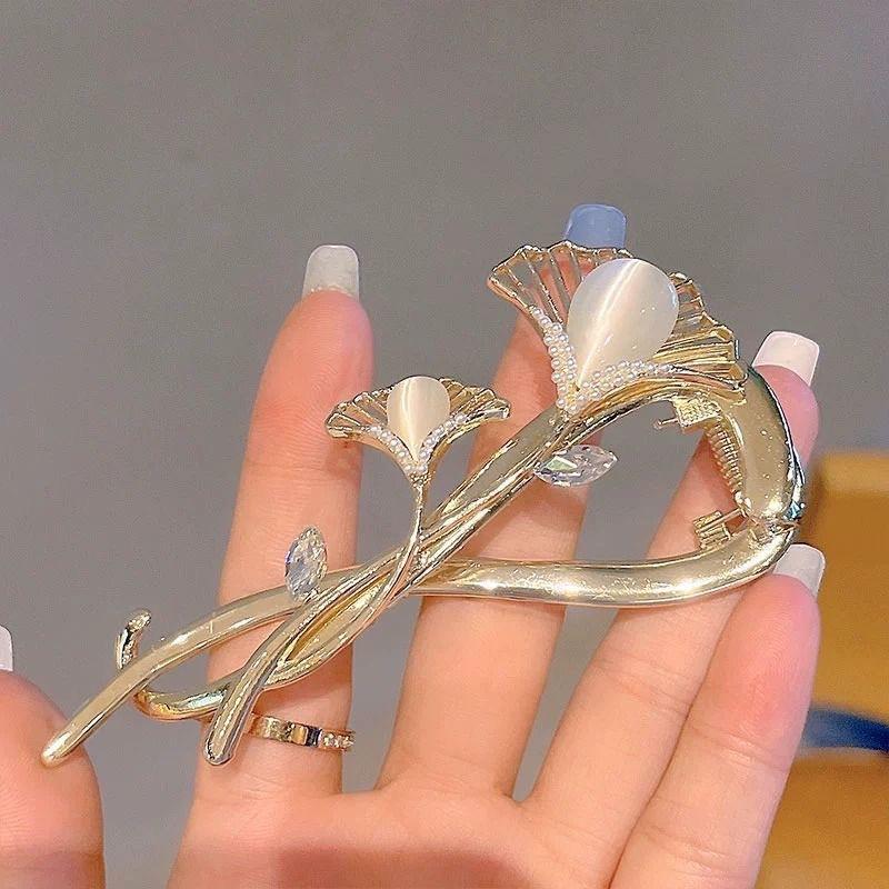 1Pc High-end Ginkgo Biloba Hairpin, Light Luxury Cat's Eye Hair Accessories, Women's Back of The Head, Hairpin, Frog Buckle, Twist Clip, One-word Clip