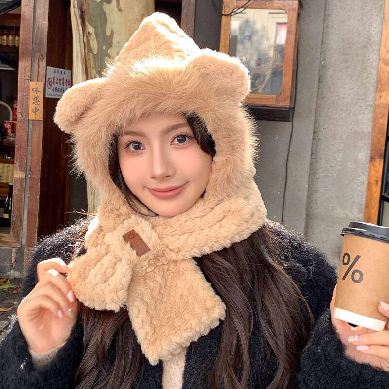 Fashion Hat Winter Women Bear Ear Scarf Hat Winter Warm Ear Protection Hat Cold-Proof Thickened Fur Caps Plush Hat Scarf Set